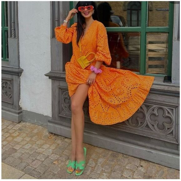 Zara Women’s Blogger Favorite Orange Embroidered Eyelet Puff Sleeve Maxi Dress - Picture 4 of 14